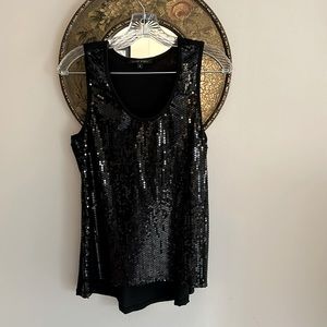 Sequined front tank top; 24.5” long, back is 3.75” longer. Poly/nylon/spandex